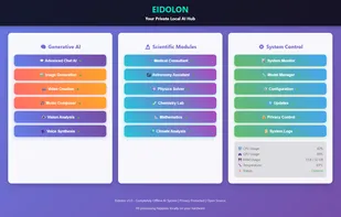 The dashboard gives you a clean, modular control center for all AI features. You can launch local LLM chat, image, video and music generation, plus the RPG mode, each in its own panel with clear buttons and status indicators. Models load on demand, everything runs offline, and system activity is always visible