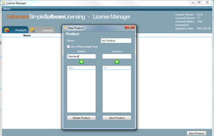 Enter your product information
This is the information that you will use to activate features in your application. You can create multiple “Editions” for your product and issue licenses for several versions.