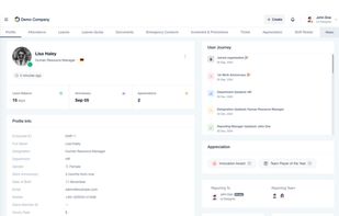 Detailed employee profile page showing personal details, journey timeline, leave balance, appreciations, and reporting structure.