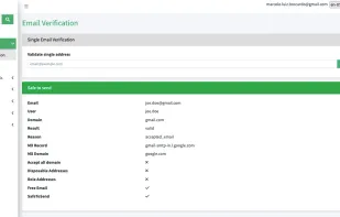 Detailed email checker result displaying syntax, MX, SMTP, and risk analysis for a single address verification.