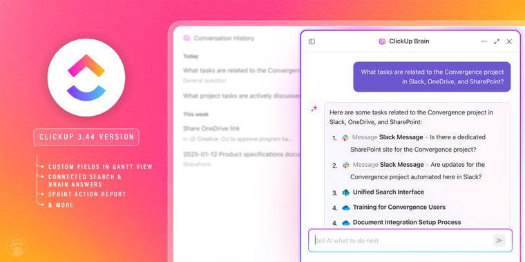 ClickUp 3.44 adds custom fields in Gantt, AI connected search, enhanced automations & more image