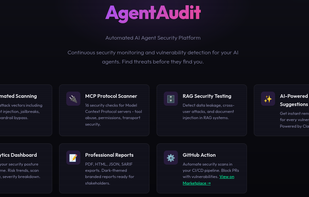 AgentAudit dashboard showing automated security scanners and attack coverage.