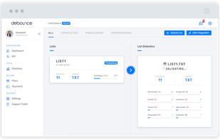 We start processing to make sure your list does not contain bad emails. All syntax, spamtraps, bounce, catch-all and disposable emails will be identified with DeBounce.
