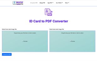 ID Card to PDF Converter tool — allows users to upload front and back images of an ID card and generate a single-page PDF document.
