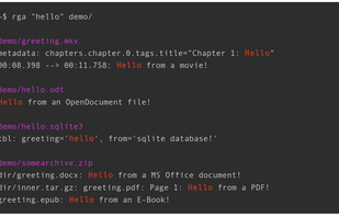 Showing results when searching for "hello", in the "demo" folder. It shows content from .mkv, .odt, .sqlite3 and .zip files.
