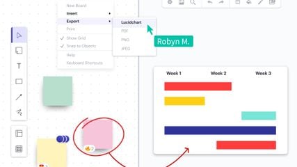 Lucidchart import or export: Take all of the work from your board and export it straight into Lucidchart. Seamlessly shift gears from ideation to action by turning your notes into workflows and project documentation.