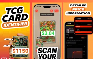 3 Images showing the Eyevo app. First and second image identifying a card. Image 3 The pricing