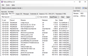 NetworkMiner showing files extracted from sniffed network traffic to disk