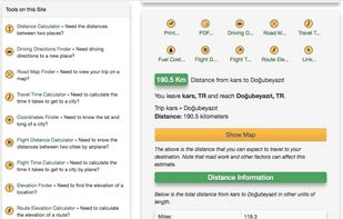 Provides detailed distance calculations for a trip in kilometers, miles and other units.
