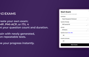 FindExams exam creation screen showing custom exam setup for PMP with selectable question count, duration, and domain options.