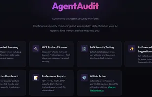 AgentAudit dashboard showing automated security scanners and attack coverage.