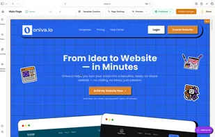 Oniva.io’s website editor showing the main page being customized, with tools for themes, pages, blog, and website settings on the sidebar. The interface displays a live editable view of the website with options to preview, publish, and update the page.