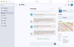 Chat inbox with an ongoing conversation between an AI support agent and a user