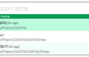 Recent Items
You just downloaded a file and want to open it? You just saved a file in one application and want to open it in another one? Open the search panel and press ?R to switch to Recent Items mode. GoToFile presents a searchable list of recently created/modified items ordered by creation/modification date in descending order.
