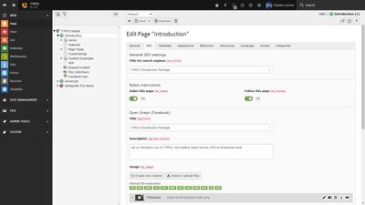 TYPO3 v9 backend while editing the properties of a page. In this case the metatags (SEO fields)