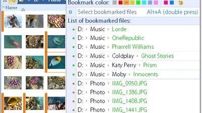 File bookmarks. Visual highlight of specific files and folders. Selection and other processing of marked files.