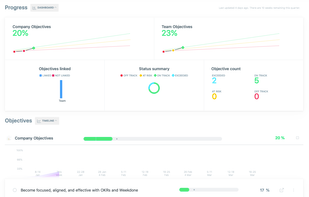 Company level OKR Dashboard. It is always up-tp-date, so you have a clear overview of progress status.
