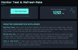 Tests screen pixels and displays monitor refresh rate.