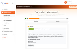 The campaign generator hub lets you start building a strategy in minutes. From here, you can create campaign strategies with one click, access tools like the Email Validator, Subject Line Generator, and Domain Health Checker, and revisit recently generated campaigns to stay organized.