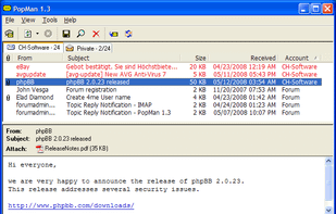The main PopMan window with preview pane and tab view (Default theme):