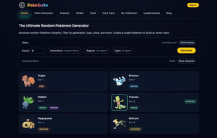 Draft balanced teams instantly. Advanced filters allow you to generate Pokémon based on competitive formats like VGC, Smogon OU, generation, and type.