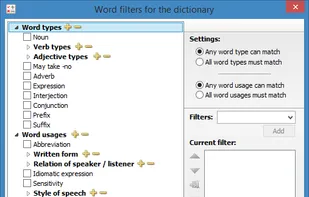 Word filters for dictionary
