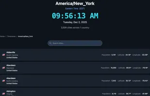 Time zone / cities page with live clocks