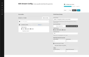 Comprehensive stream setup screen showing table selection, custom SQL query capability, and configurable settings including transfer mode (Convert/CDC), data bundle size, reporting intervals, and optional limits. This interface demonstrates the flexibility to configure precisely how data moves between databases.