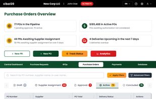 Track all purchase orders in one place with status filters, search, and quick actions for your team.