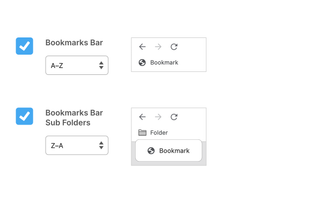 Two Bookmarks Bar sort options. One option showing an A-Z sort and the other showing Z-A.