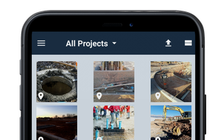 Jobsite photos are stamped with location, date/time, and author. Photos are easily searchable and attached to daily reports.