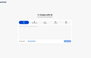 InstantMind AI-powered mind mapping tool homepage showing the main interface with "Create with AI" options. Users can input text, upload PDF documents, add webpages, YouTube videos, or images to automatically generate mind maps. Features advanced AI model selection and auto-detect functionality for seamless mind map creation from any content type.