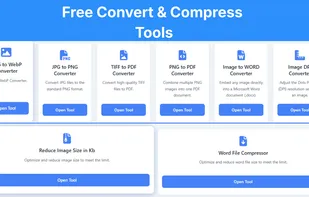Free convert and compress tools section including PNG to WebP converter, JPG to PNG converter, TIFF to PDF converter, PNG to PDF converter, image to Word converter, and image DPI converter.