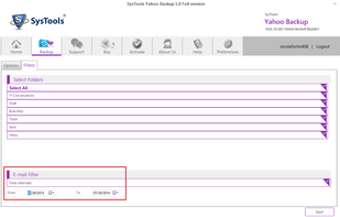 Apply Filters to backup yahoo mail according to selected date range