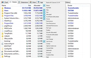 Details view offers valuable information about the disk usage like the folder size, the disk space wasted due to the file system structure, the last access date, the NTFS compression rate and the owner.