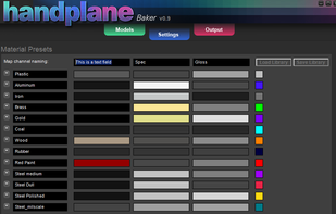 PSD MATERIAL OUTPUT

You can create, save, and share libraries of material base colors. Assign them to pieces of your models and they are baked into an organized PSD set up with layer masks, ready for you to paint on. I am really hoping people post and share their material libraries so we can build a central repository for everyone to work from. You can name and edit colors for 3 material properties in the editor like this: