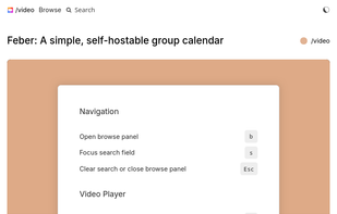 Above a video page there is a floating dialog with the headings "Navigation"
and "Video Player", each describing various keyboard shortcuts like for
instance "b: Open browse panel" or "s: Focus search field". In the footer of
the page there is a link titled "Shortcuts".
