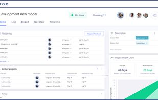 The home view offers an optimal overview of everything that's going on. Keep track of upcoming tasks, linked projects and the health chart of each project.