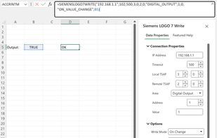 Microsoft Excel using Field ConneXion to write data to a Siemens LOGO! 7