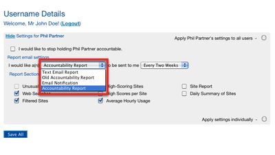 Screenshot of accountability report settings page