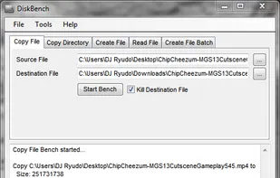 An example of the 'Copy File' test.  This test was done with a MP4 video that is 204MB in size.  Note that you can tell Disk Bench to delete the copyed file once the test is finished.