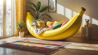 A vibrant yellow banana-shaped couch sits in a cozy living room, its curve cradling a pile of colorful cushions.  on the wooden floor, a patterned rug adds a touch of eclectic charm, and a potted plant sits in the corner, reaching towards the sunlight filtering through the window.