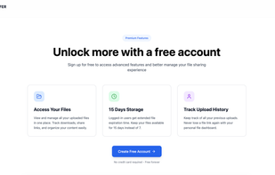 Free account features including 15-day file storage, upload history, download tracking, and easy file management from a personal dashboard.