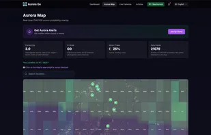 View cloud forecasts, the aurora Ovation map, and global light pollution data together on a single interactive map.