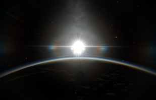 Sunrise in orbit around the home planet "Kerbin" (with visual mod "scatterer")