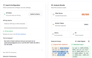 Live demo showing PII detection and redaction - name, email, phone, SSN automatically replaced with compliance-aware placeholders