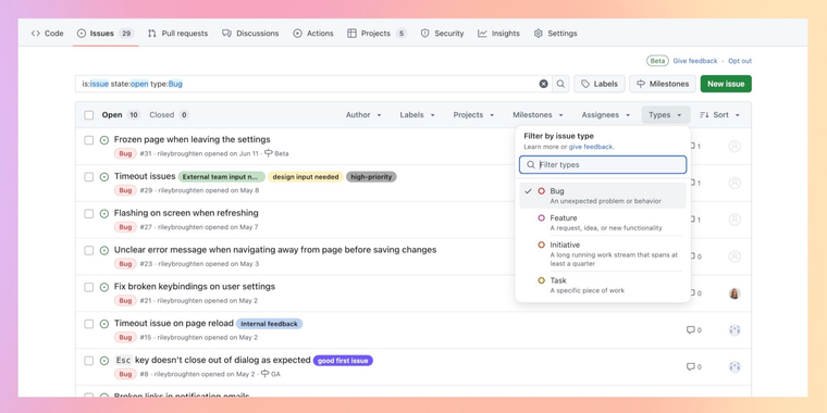 GitHub enhances issue management with sub-issues, issue types, and advanced search options image