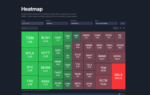 Dynamic heatmap for superinvestor portfolio Cathy Wood, using Price-to-Book and dark mode.