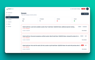  Track corrective actions auto-generated from failed audit items. See status at a glance - open, in progress, overdue - with severity levels and due dates.
