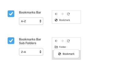 Two Bookmarks Bar sort options. One option showing an A-Z sort and the other showing Z-A.